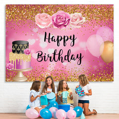 Lofaris Gold Glitter Floral Balloons Happy Birthday Backdrop