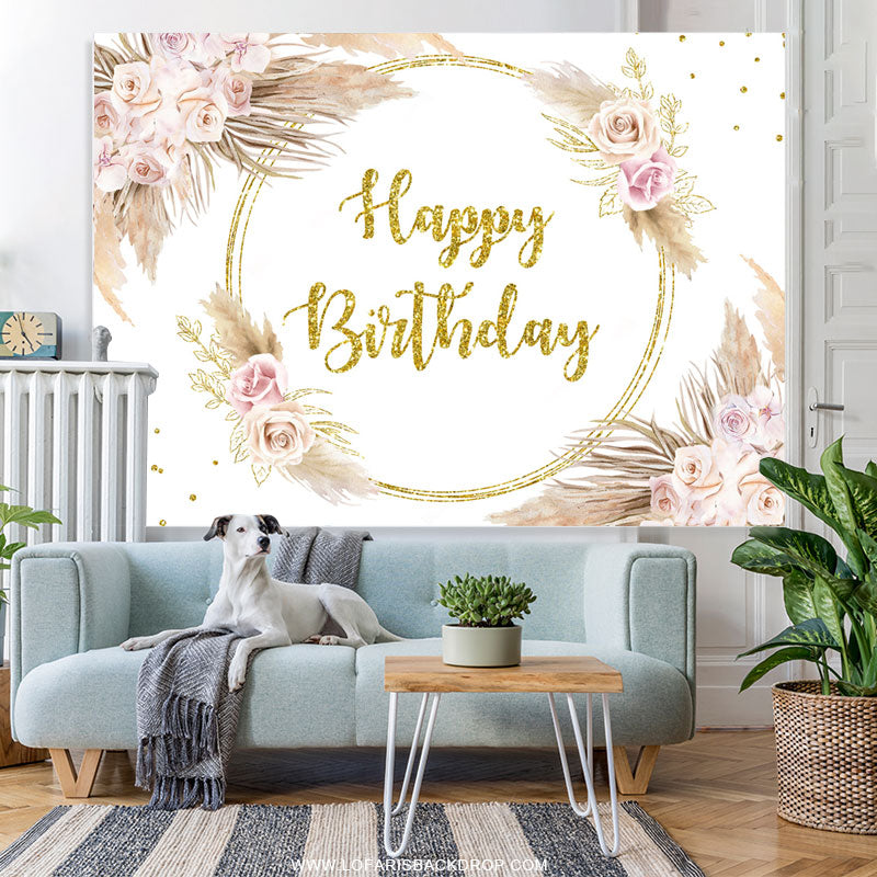 Lofaris Gold Glitter Floral Feather Happy Birthday Backdrop