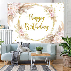 Lofaris Gold Glitter Floral Feather Happy Birthday Backdrop