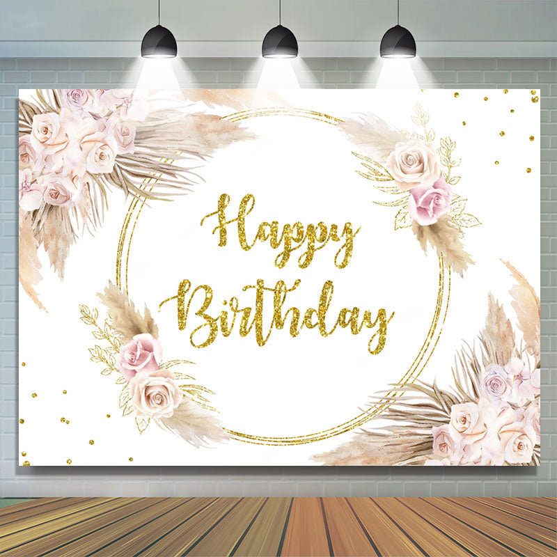 Lofaris Gold Glitter Floral Feather Happy Birthday Backdrop