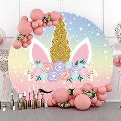 Lofaris Gold Glitter Floral Unicorn Themed Round Birthday Backdrop