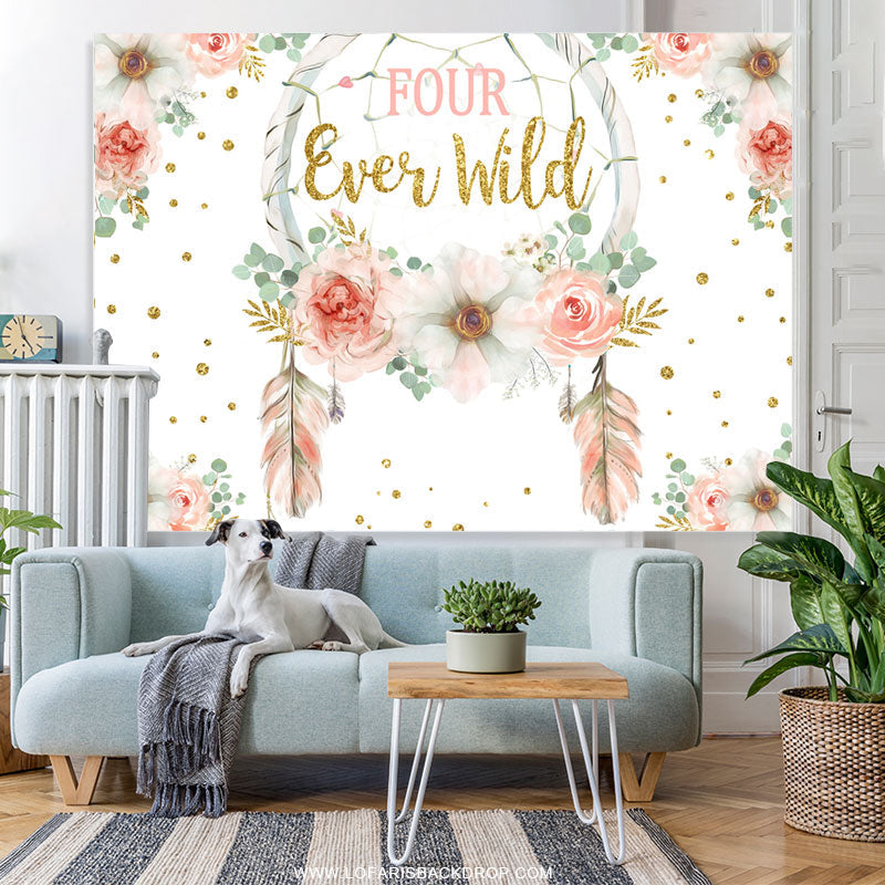 Lofaris Gold Glitter Four Ever Wild Pink Floral Birthday Backdrop
