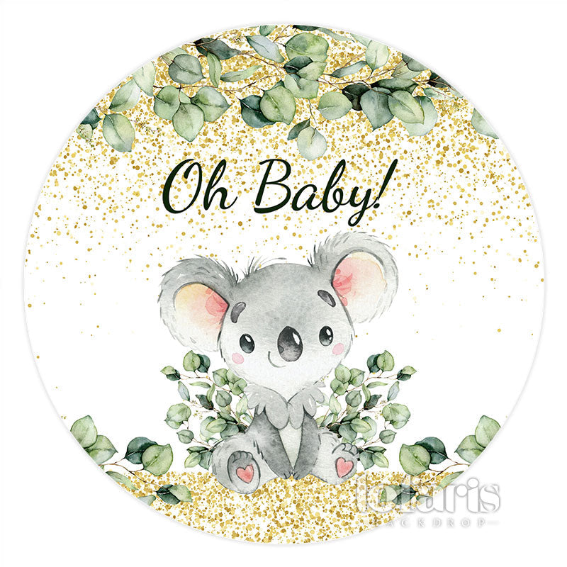 Lofaris Gold Glitter Green Leaves Round Baby Shower Backdrop