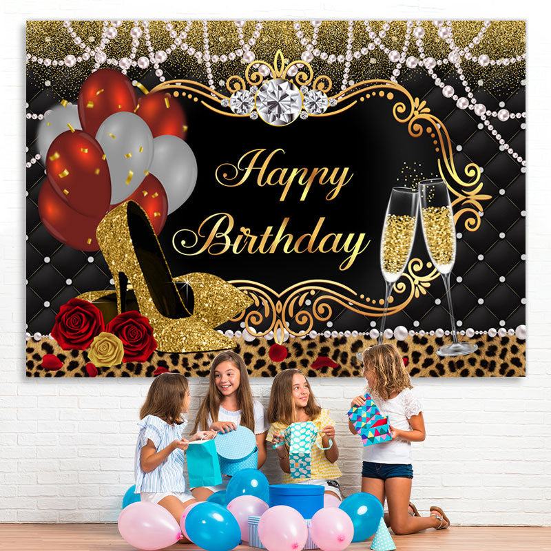 Lofaris Gold Glitter High Heels And Balloons Birthday Backdrop