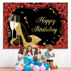 Lofaris Gold Glitter High Heels Black Happy Birthday Backdrop