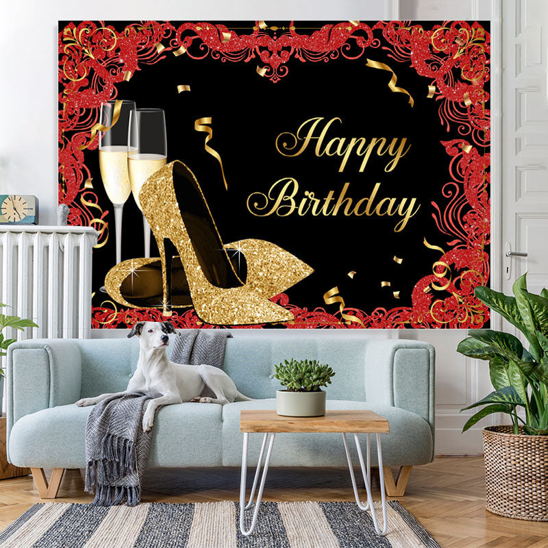 Lofaris Gold Glitter High Heels Black Happy Birthday Backdrop