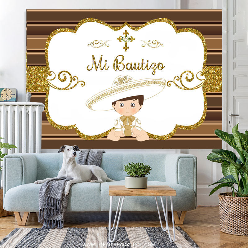 Lofaris Gold Glitter Mi Bautizo White Baby Shower Backdrop