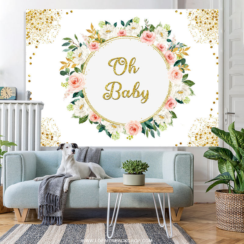 Lofaris Gold Glitter Oh Baby Floral Backdrop For Shower
