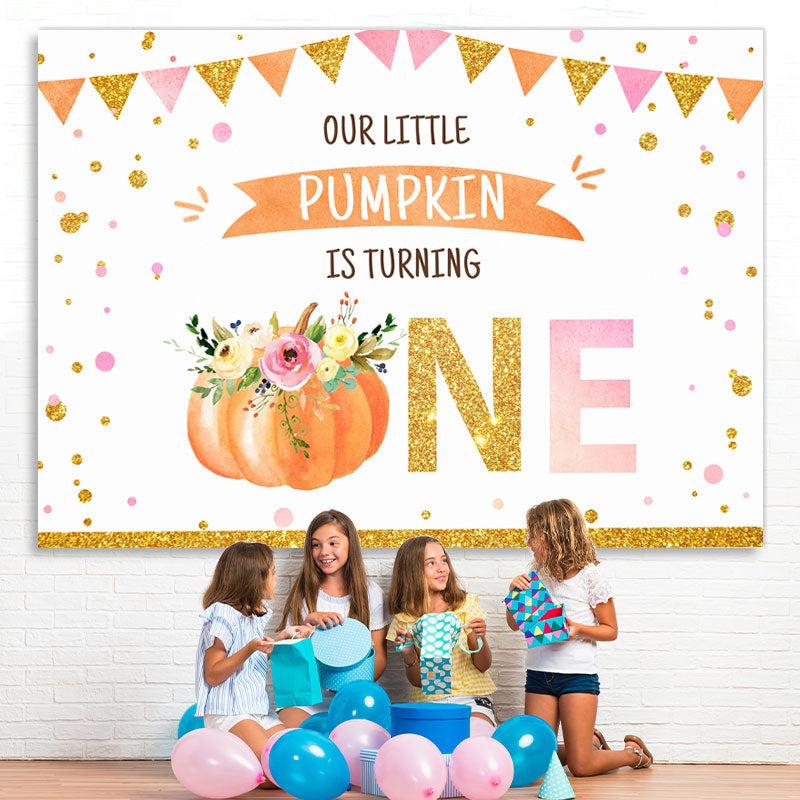 Lofaris Gold Glitter Our Little Pumpkin Is Turning One Birthday Backdrop for Kids
