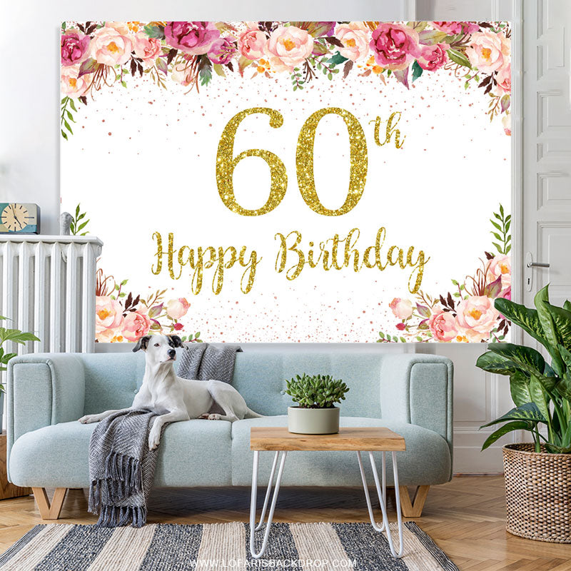 Lofaris Gold Glitter Pink Floral 60th Birthday Backdrop
