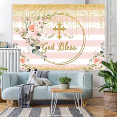 Lofaris Gold Glitter Pink Floral God Bless Baby Shower Backdrop