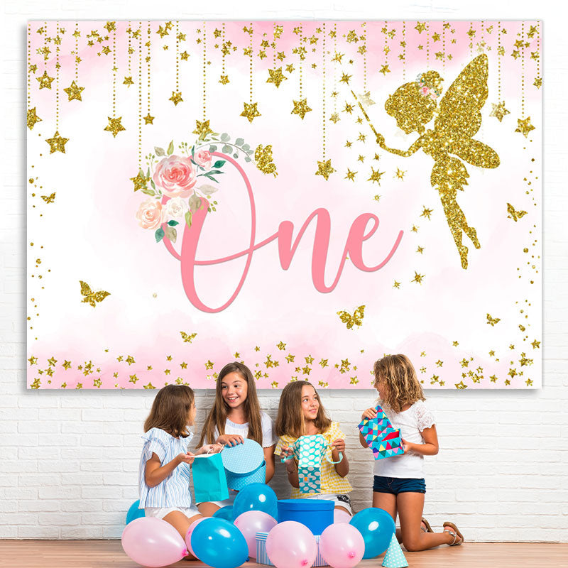 Lofaris Gold Glitter Pink Floral Happy 1St Birthday Backdrop