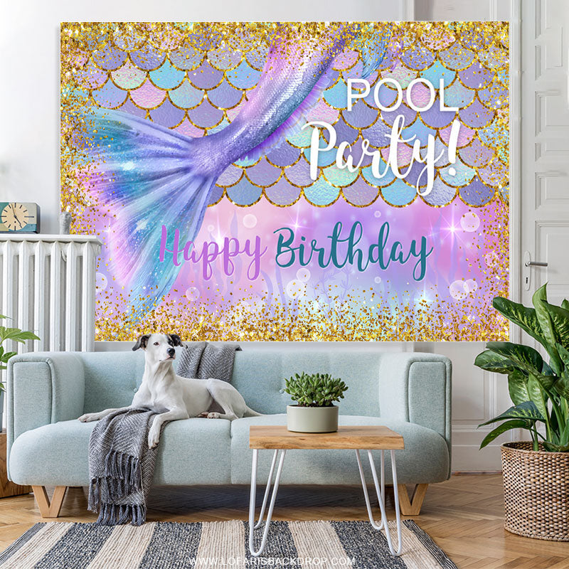 Lofaris Gold Glitter Purple Mermaid Pool Birthday Party Backdrop