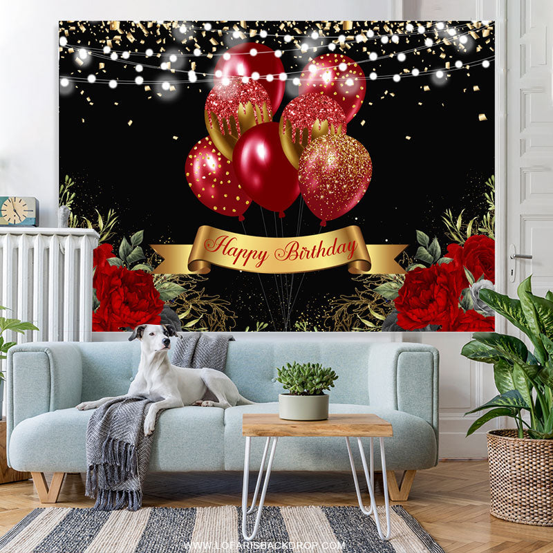 Lofaris Gold Glitter Red Balloons Black Happy Birthday Backdrop