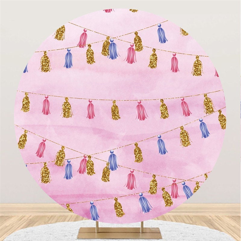 Lofaris Gold Glitter Round Pink Birthday Backdorp For Girl