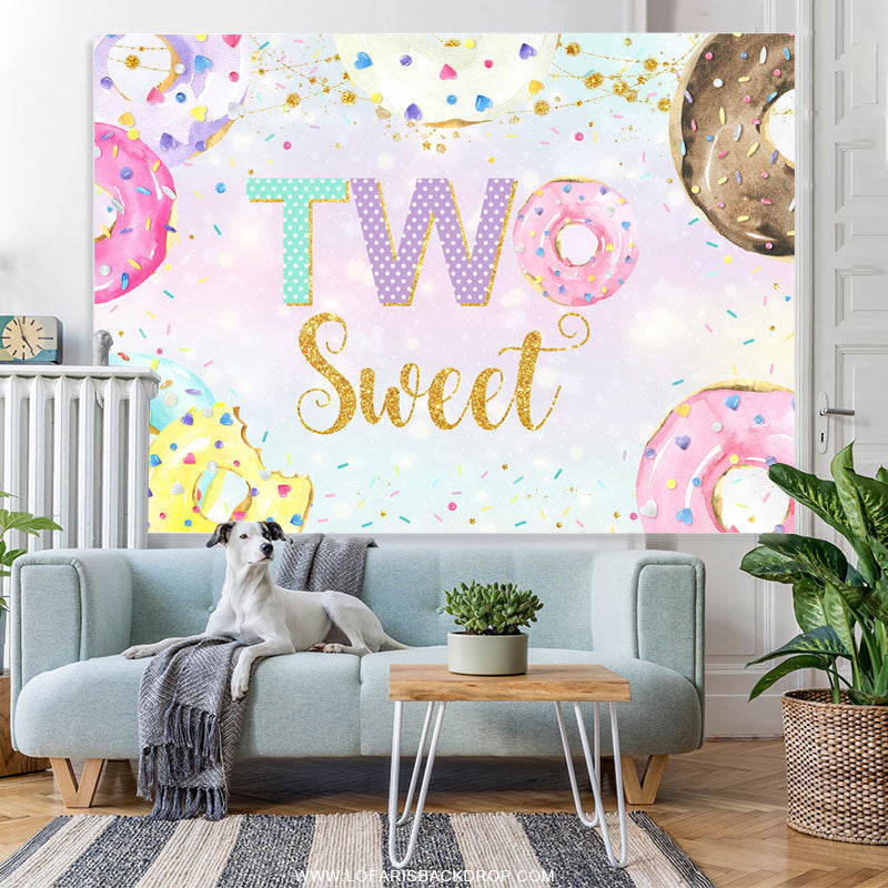 Lofaris Gold Glitter Sweet Donuts Happy 2nd Birthday Backdrop