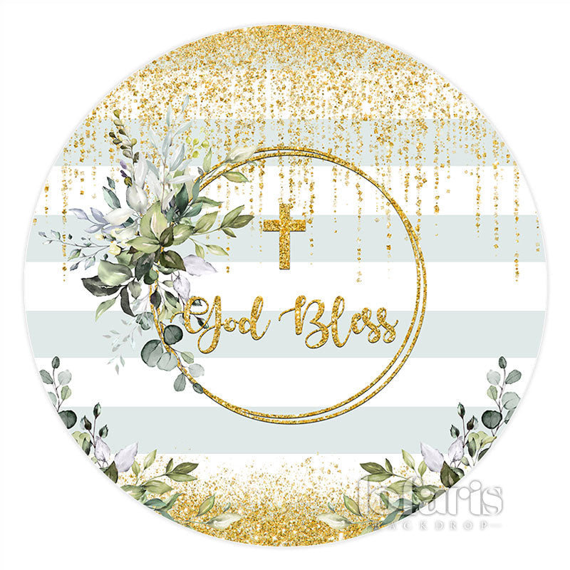 Lofaris Gold Lines And Green Leaves Round God Bless Backdrop