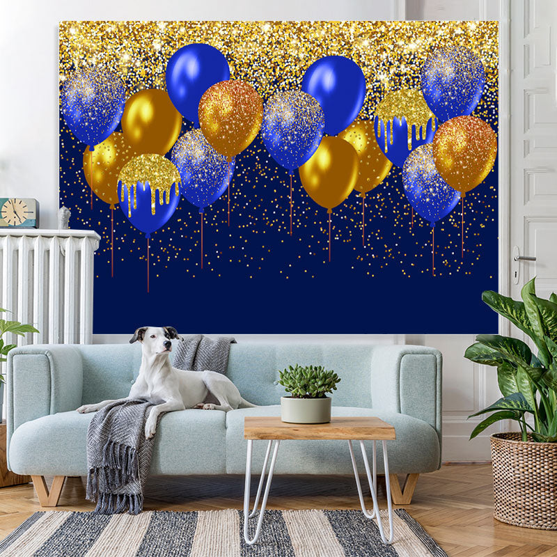 Lofaris Gold-Navy Balloons Glitter Happy Birthday Backdrop