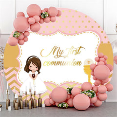 Lofaris Gold Pink My First Communion Round Baby Shower Backdrop