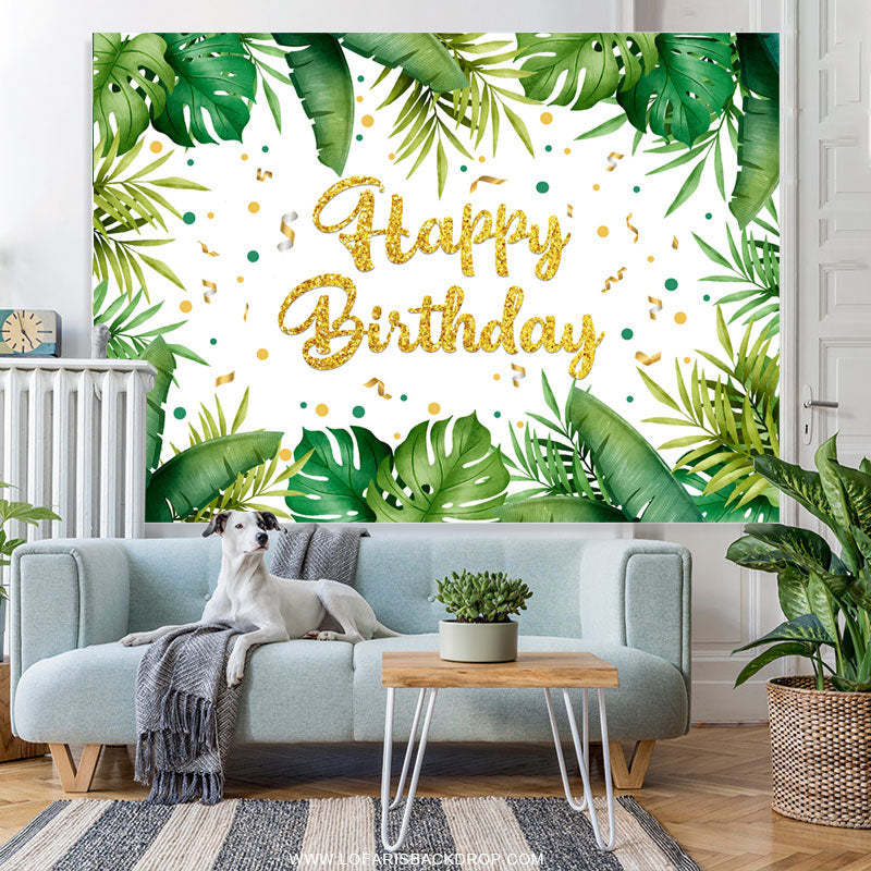 Lofaris Gold Ribbon Leaves Happy Birthday Backdorp For Party