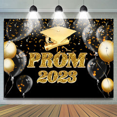 Lofaris Gold Ribbons Balloon Black Prom 2023 Backdrop For Party
