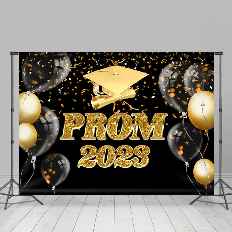 Lofaris Gold Ribbons Balloon Black Prom 2023 Backdrop For Party