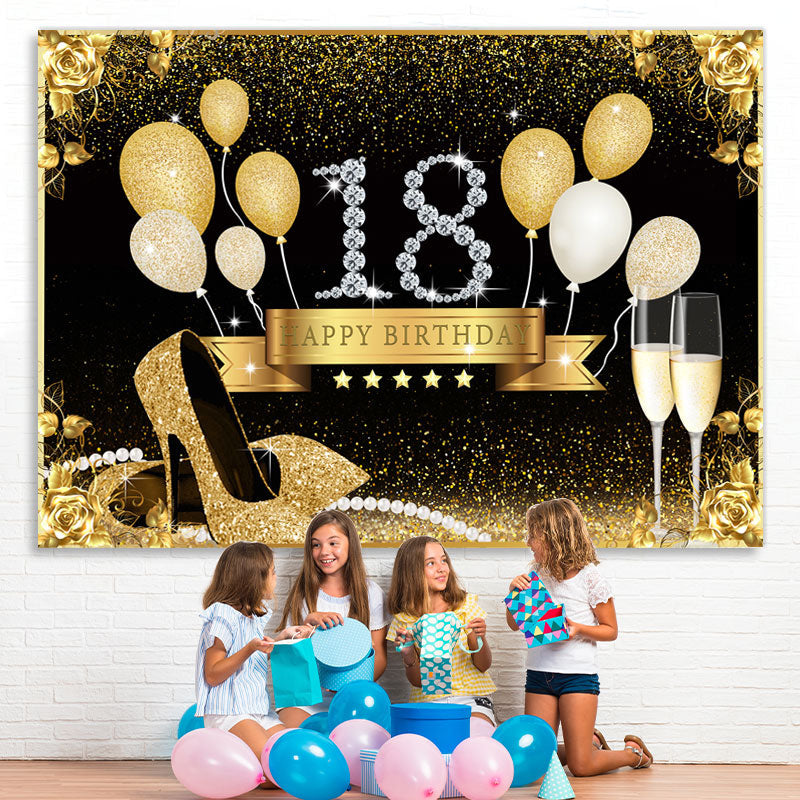 Lofaris Gold Rose And Balloons Glitter 18th Birthday Backdrop