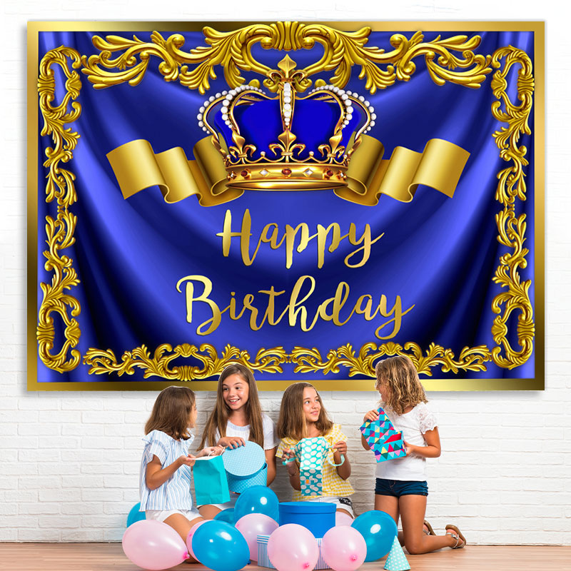 Lofaris Gold Royal Bule Happy Birthday Crown Backdrop for Men
