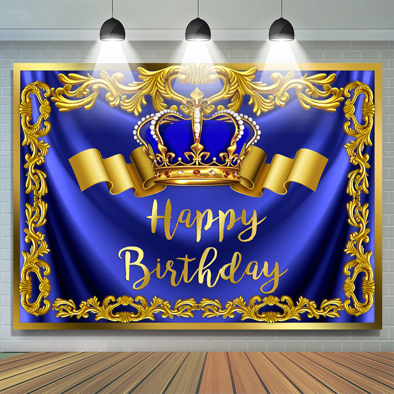 Lofaris Gold Royal Bule Happy Birthday Crown Backdrop for Men