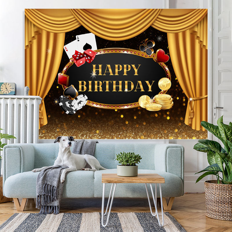 Lofaris Gold Stage Curtain Happy Birhtday Glitter Bokeh Backdrop