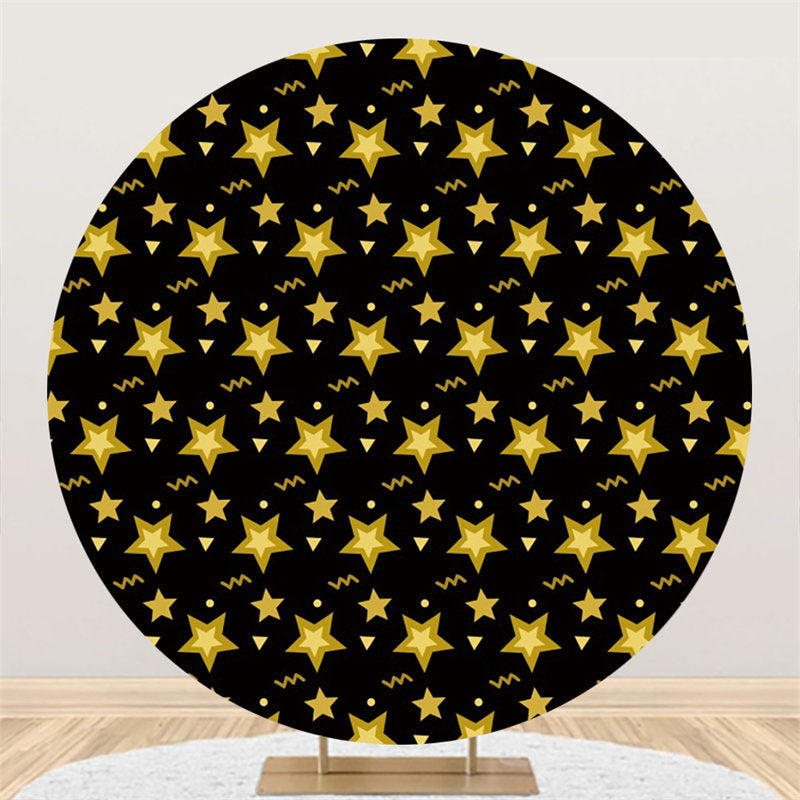 Lofaris Gold Star Black Round Backdrop For Happy Birthday Party