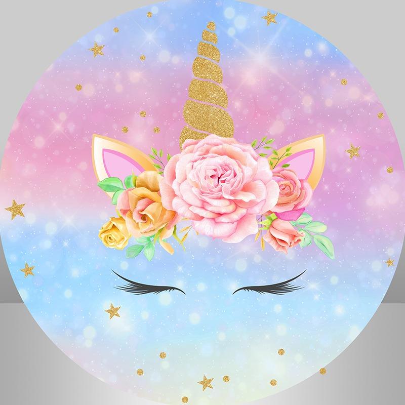 Lofaris Gold Star Glitter Pink Unicorn Round Birthday Backdrop