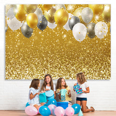 Lofaris Golde And White Balloons Glitter Birthday Backdrop