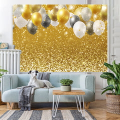 Lofaris Golde And White Balloons Glitter Birthday Backdrop