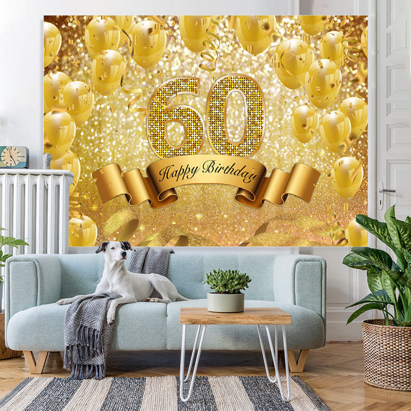 Lofaris Golded Glitter Ballons 60th Happy Birthday Backdrop