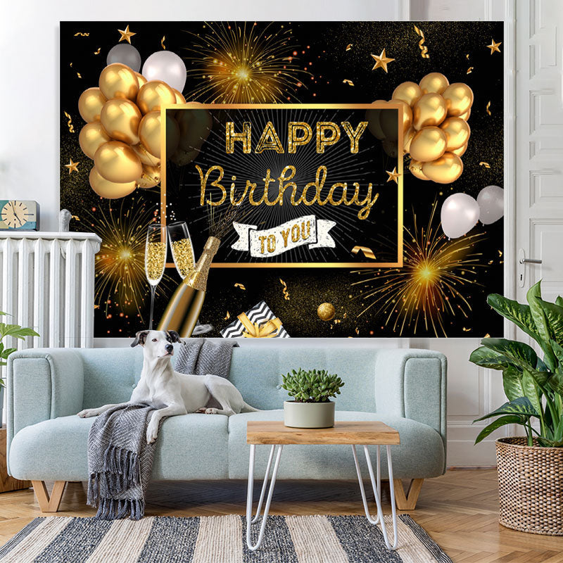 Lofaris Golden Glitter And Black Ballons Birthday Backdrop