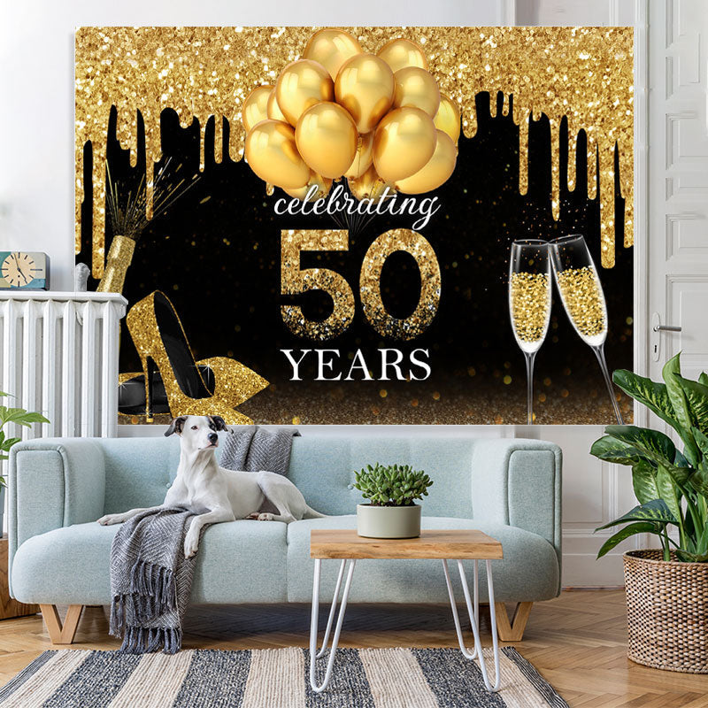 Lofaris Golden Glitter Balloon High Heel 50Th Birthday Backdrop