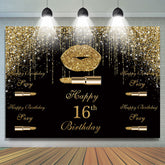 Lofaris Golden Glitter Bokeh and Black Happy 16Th Backdrop