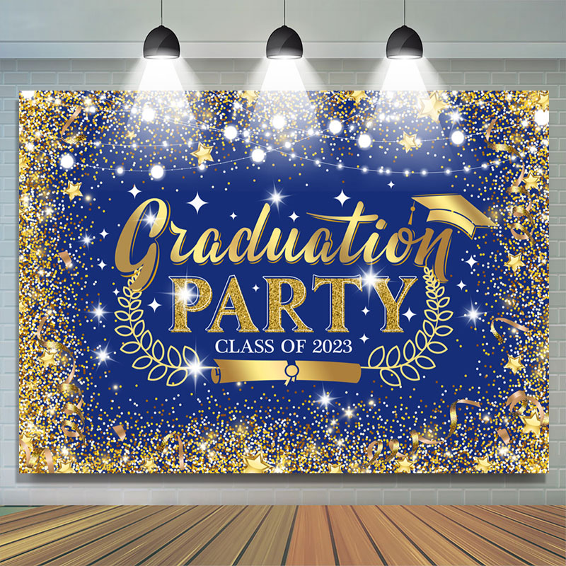 Lofaris Golden Navy Blue Graduation Party 2023 Backdrop