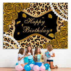 Lofaris Golden Rose Glitter Leopard Happy Birthday Backdrop