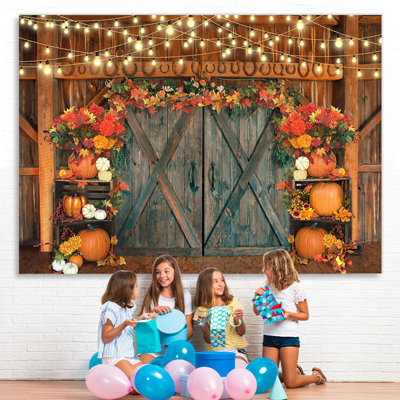 Lofaris Granary Door Decorated with Pumpkin Autumn Backdrop
