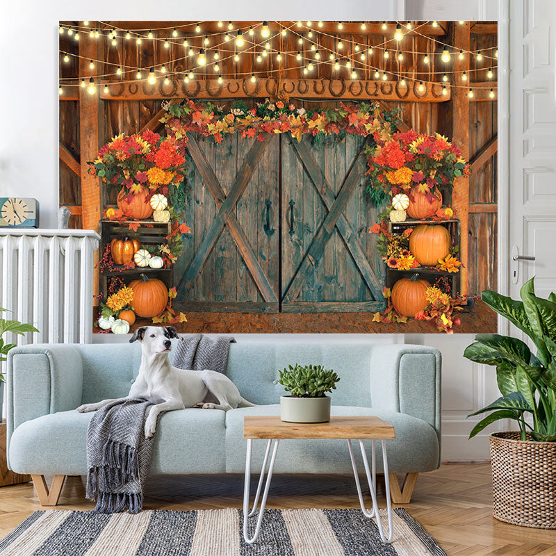 Lofaris Granary Door Decorated with Pumpkin Autumn Backdrop