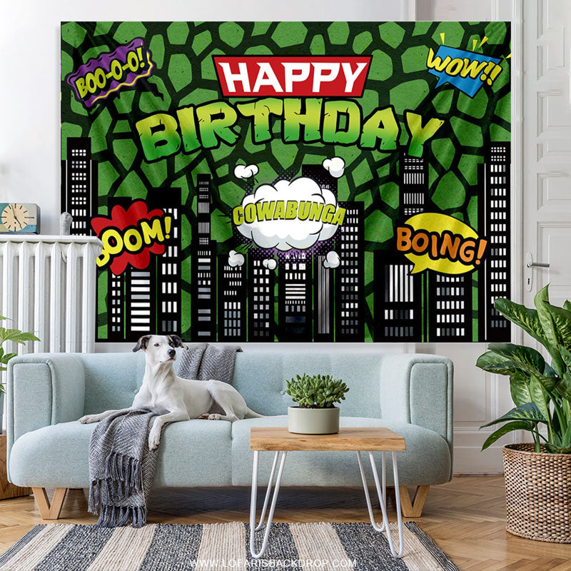 Lofaris Green American Comic City Building Happy Birthday Party Backdrop