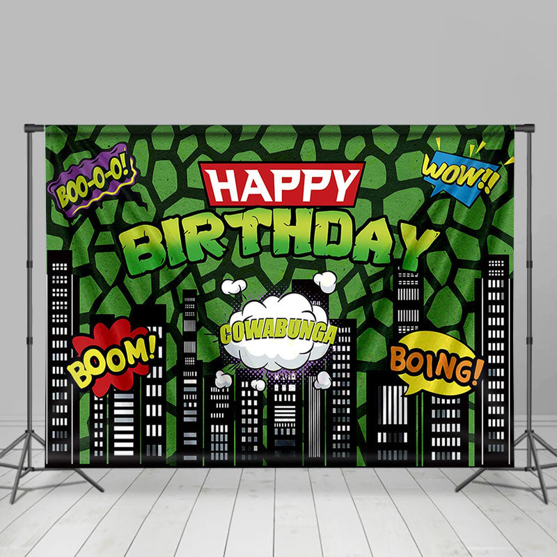 Lofaris Green American Comics Cityscape Buildings Birthday Backdrop