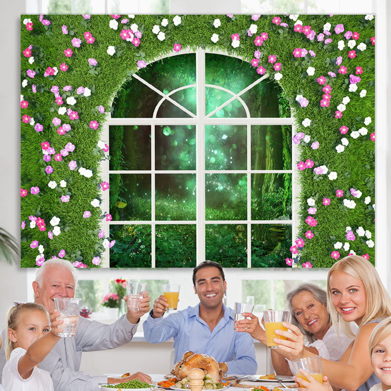 Lofaris Green And Floral Window Bokeh Outside Spring Backdrop