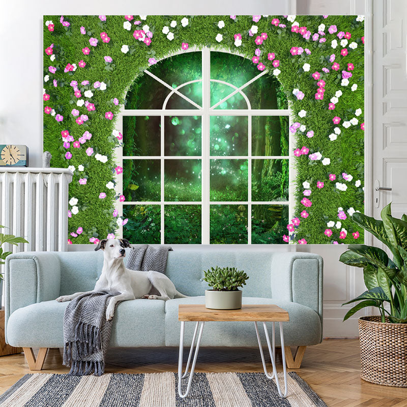 Lofaris Green And Floral Window Bokeh Outside Spring Backdrop