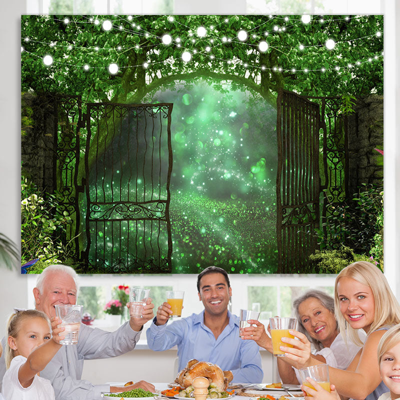 Lofaris Green And Glitter Bokeh Outside Door Spring Backdrop