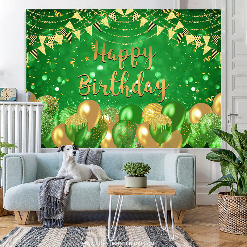 Lofaris Green Balloon Flag Ribbons Happy Birthday Backdrop