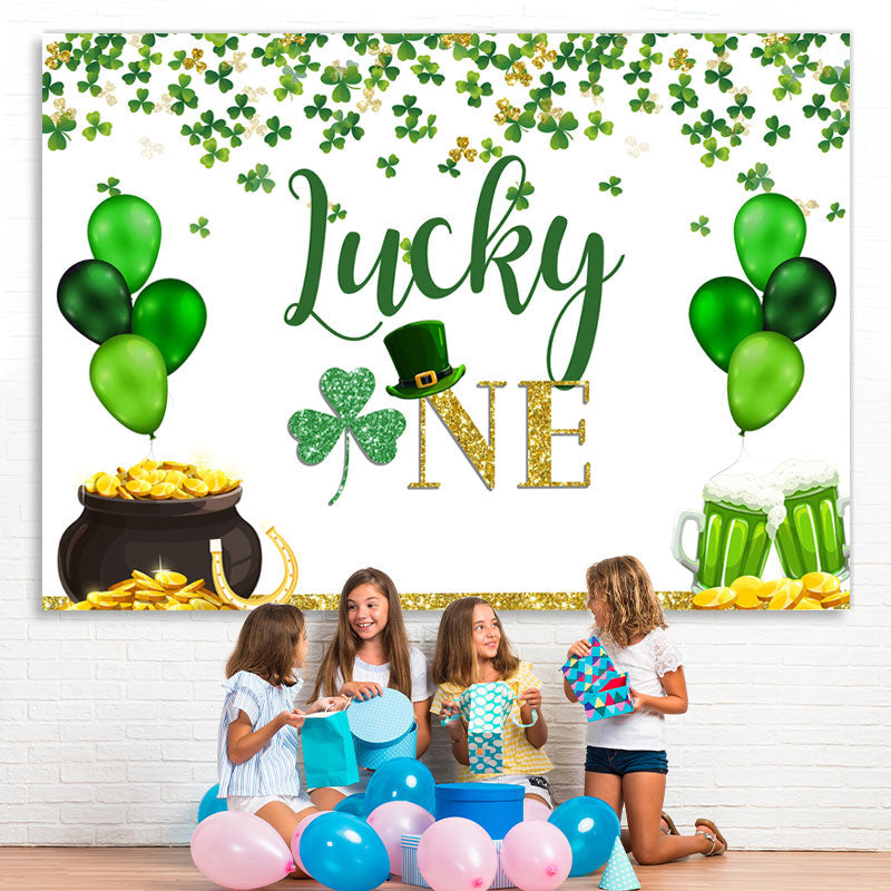 Lofaris Green Balloons And Clover Lucky One Birthday Backdrop