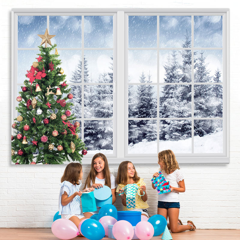 Lofaris Green Christmas Tree And Outside Snowy World Backdrop